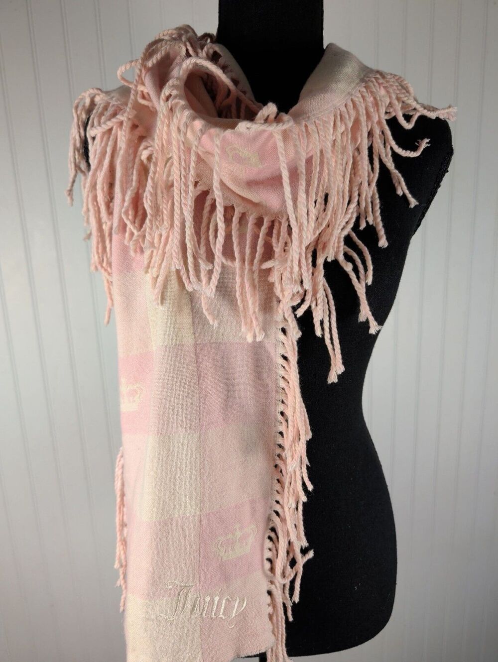 Y2K Juicy Couture Pink & Cream Plaid Crown 100%Wool Blanket Scarf with Fringe